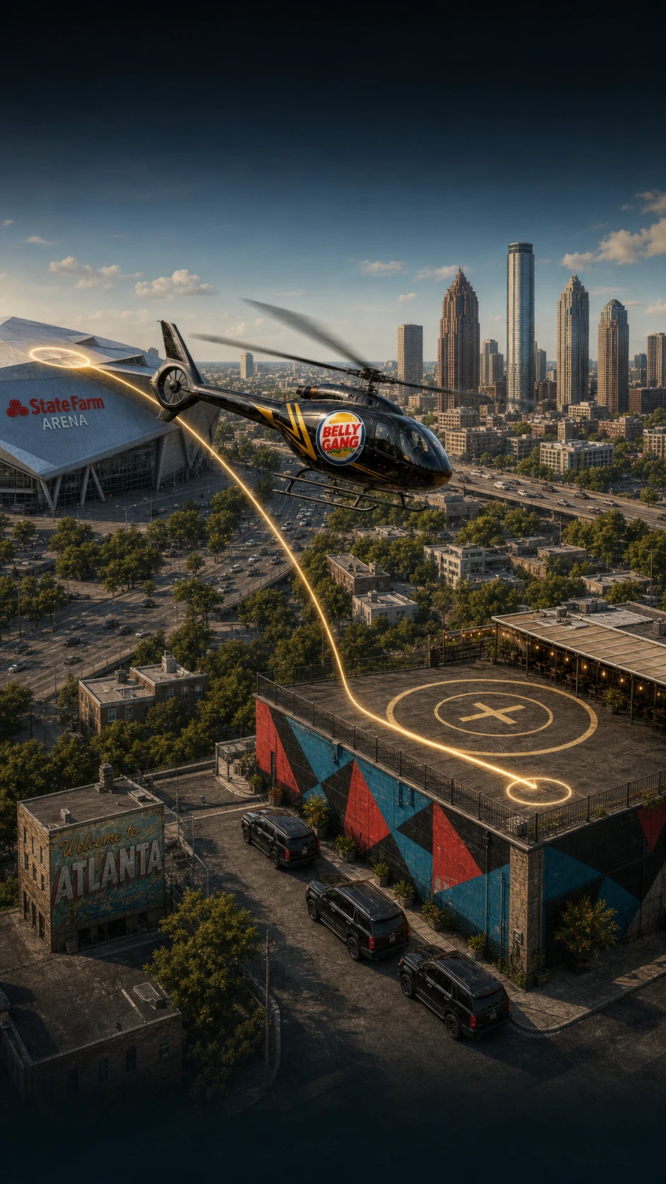 Black Belly Gang helicopter flying from State Farm Arena to the Magic City roof